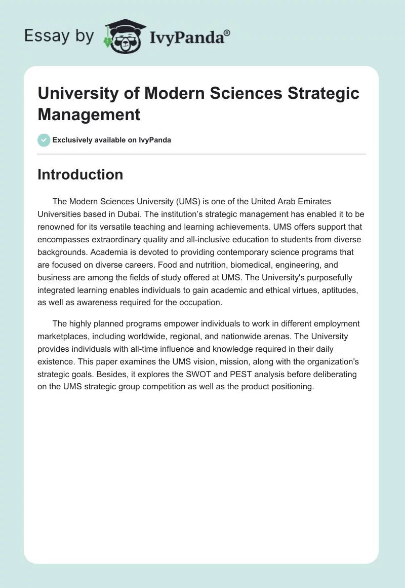 University of Modern Sciences Strategic Management. Page 1