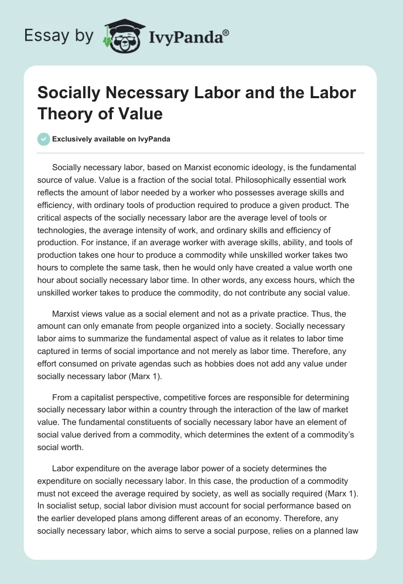 Socially Necessary Labor and the Labor Theory of Value. Page 1