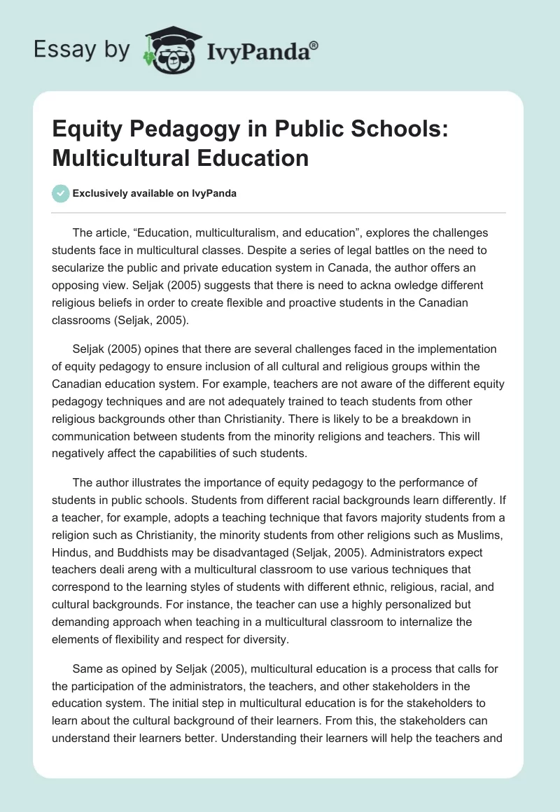 Equity Pedagogy in Public Schools: Multicultural Education. Page 1