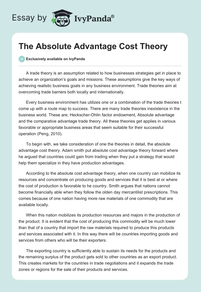 The Absolute Advantage Cost Theory. Page 1