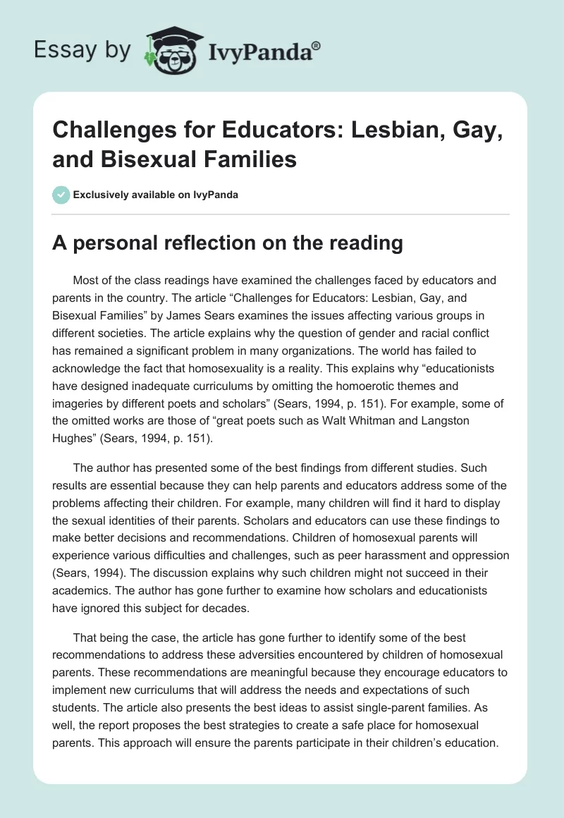 Challenges for Educators: Lesbian, Gay, and Bisexual Families. Page 1