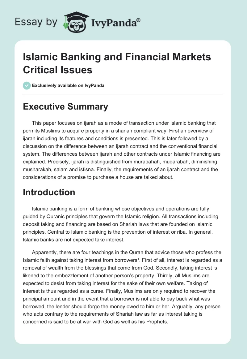 Islamic Banking and Financial Markets Critical Issues. Page 1