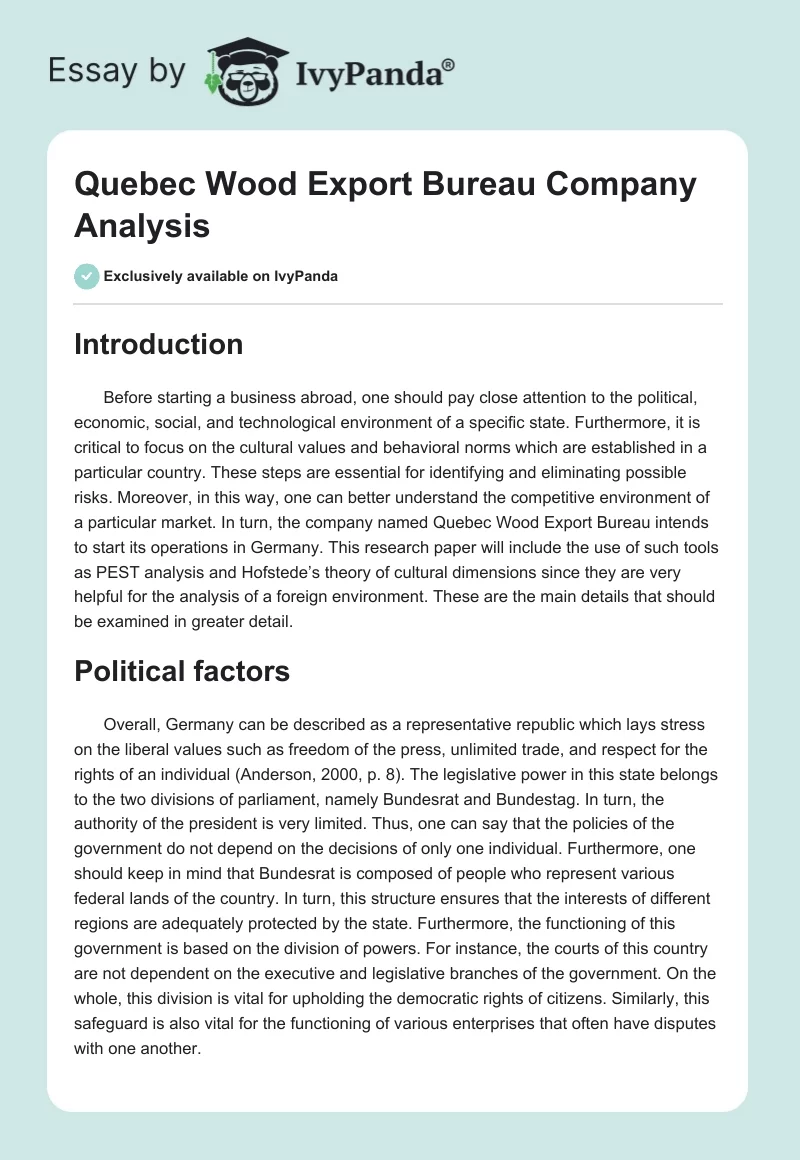 Quebec Wood Export Bureau Company Analysis. Page 1