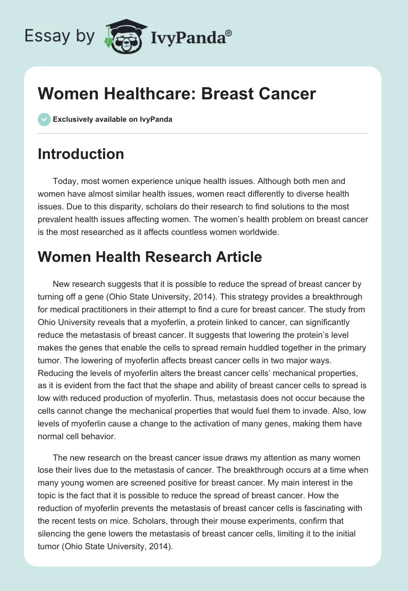 Women Healthcare: Breast Cancer. Page 1