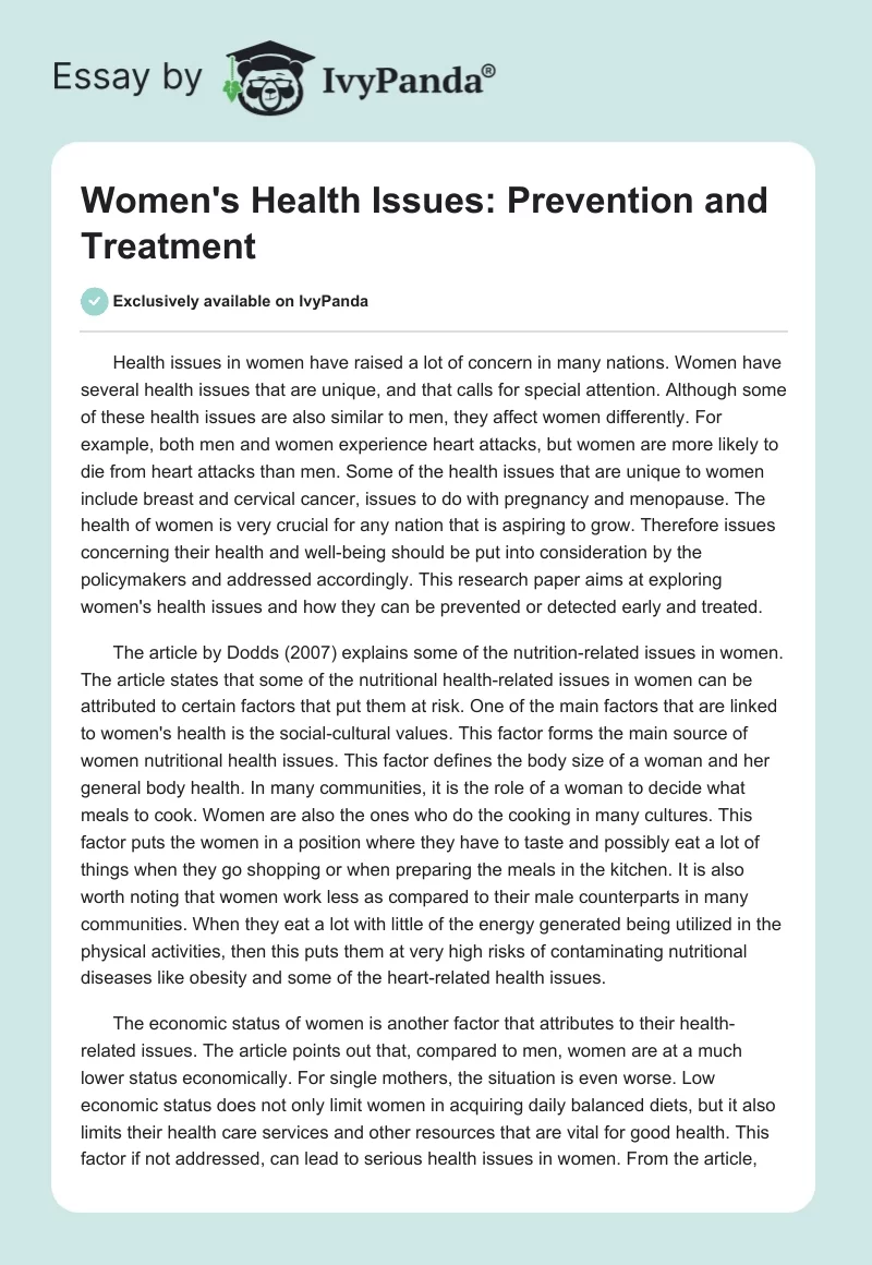 Women's Health Issues: Prevention and Treatment. Page 1