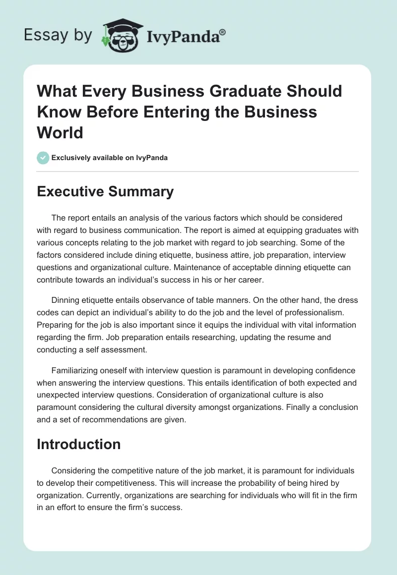 What Every Business Graduate Should Know Before Entering the Business World. Page 1