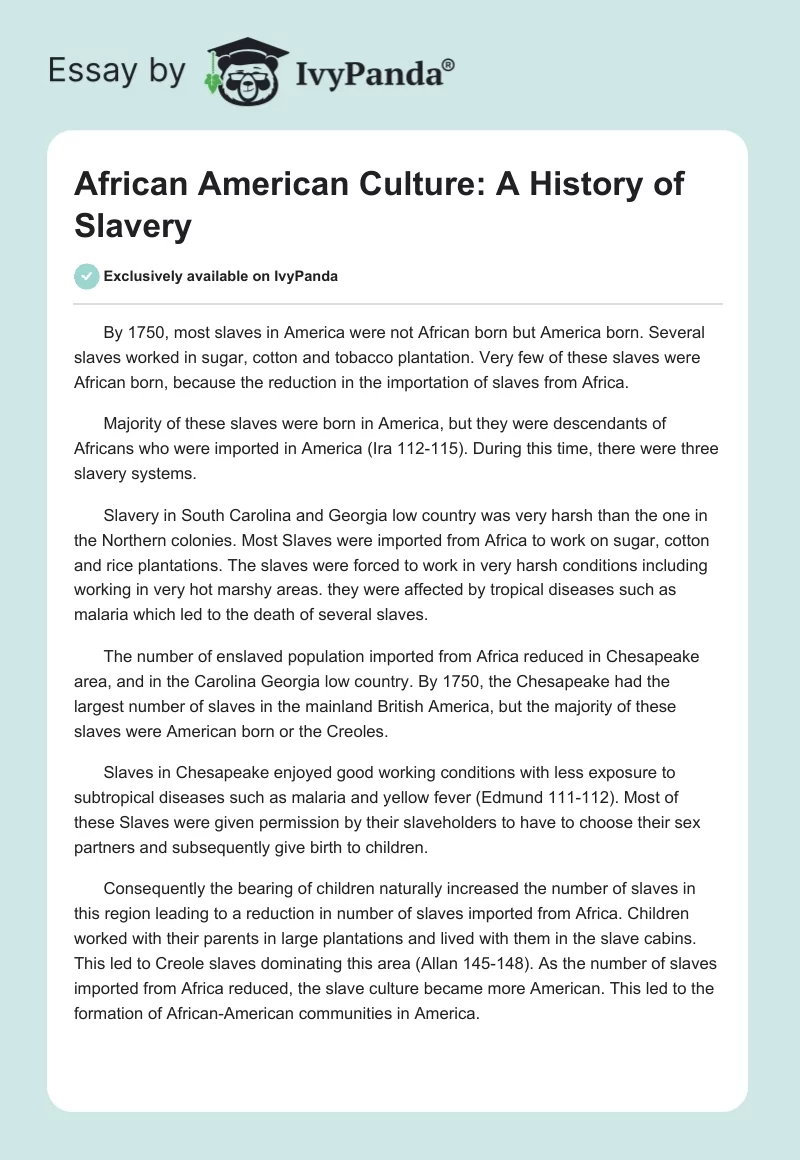 African American Culture: A History of Slavery. Page 1