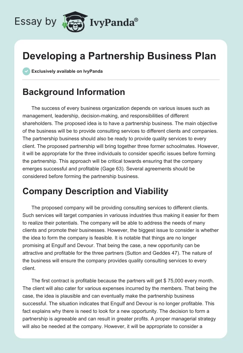 Developing a Partnership Business Plan. Page 1