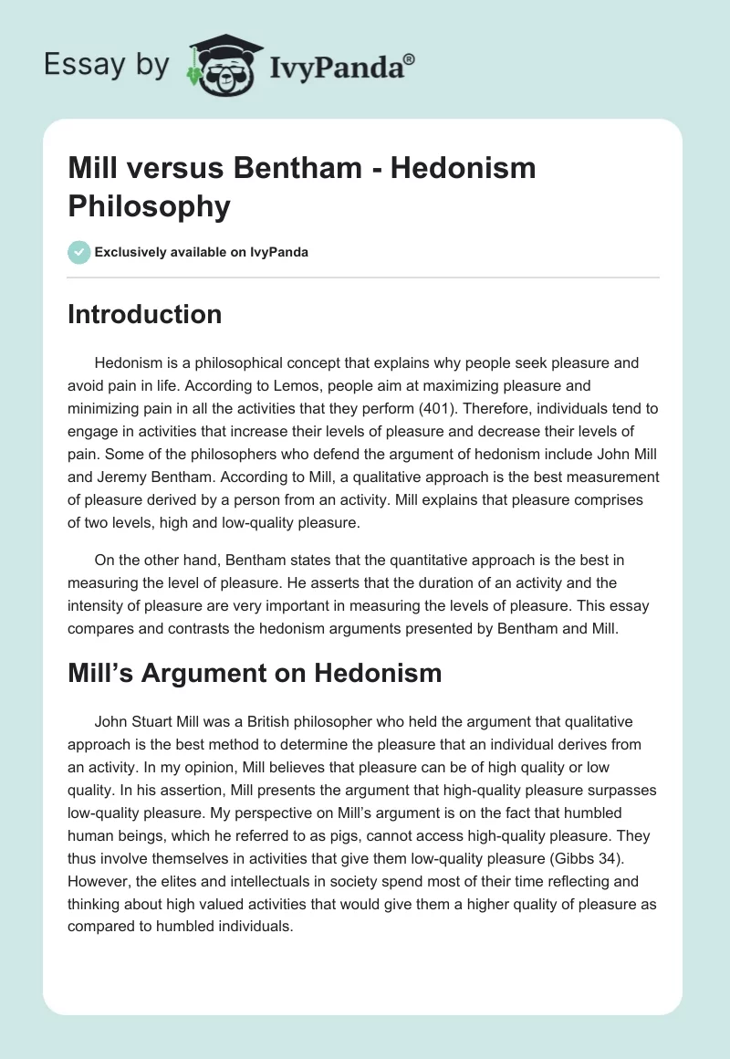 Mill versus Bentham - Hedonism Philosophy. Page 1