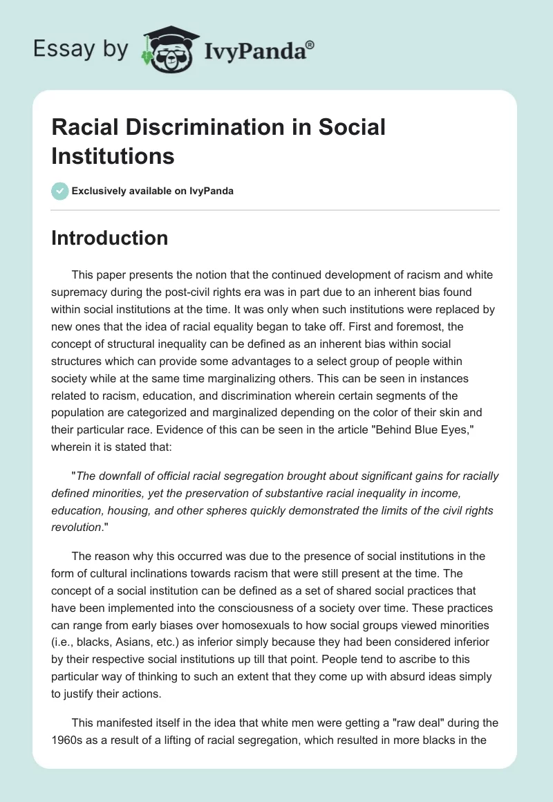 Racial Discrimination in Social Institutions. Page 1