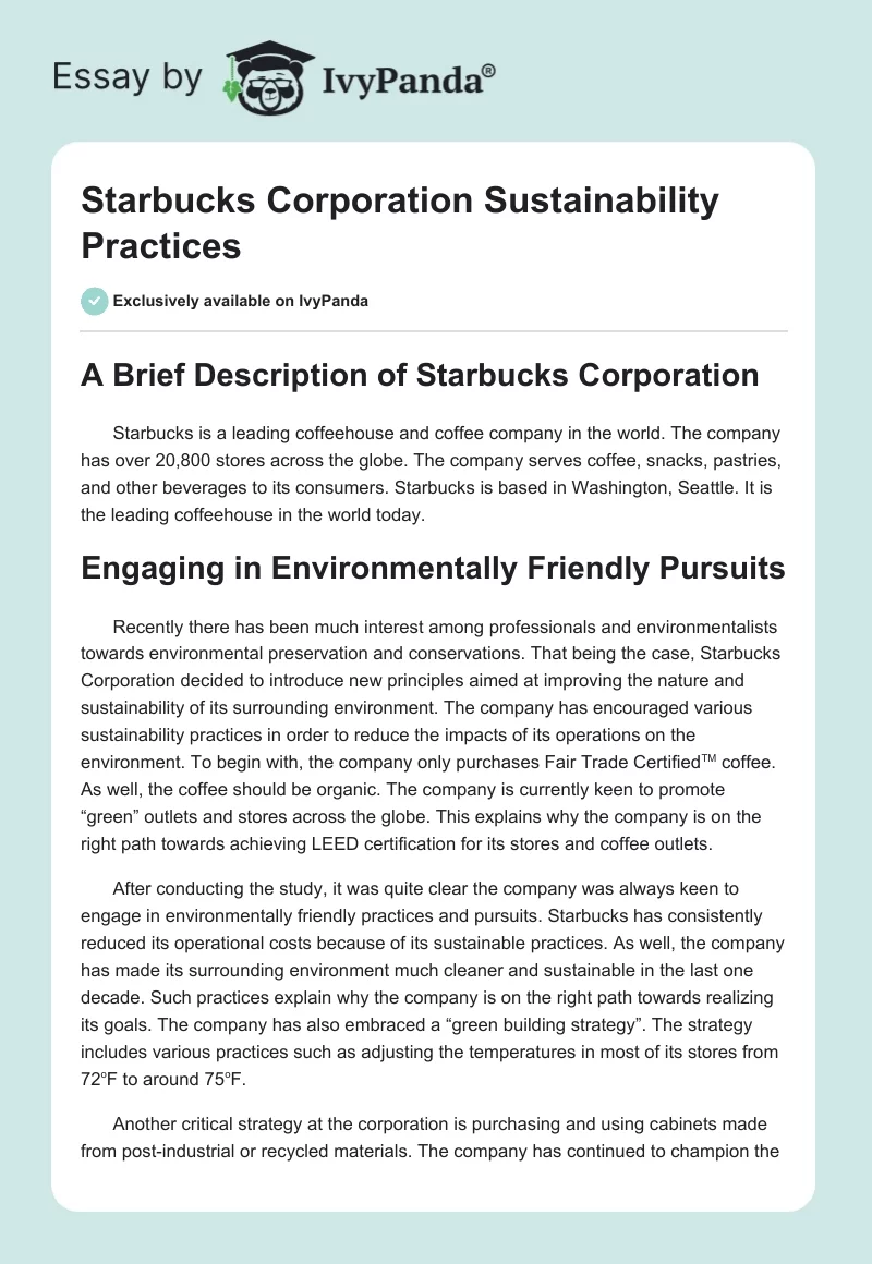 Starbucks Corporation Sustainability Practices. Page 1
