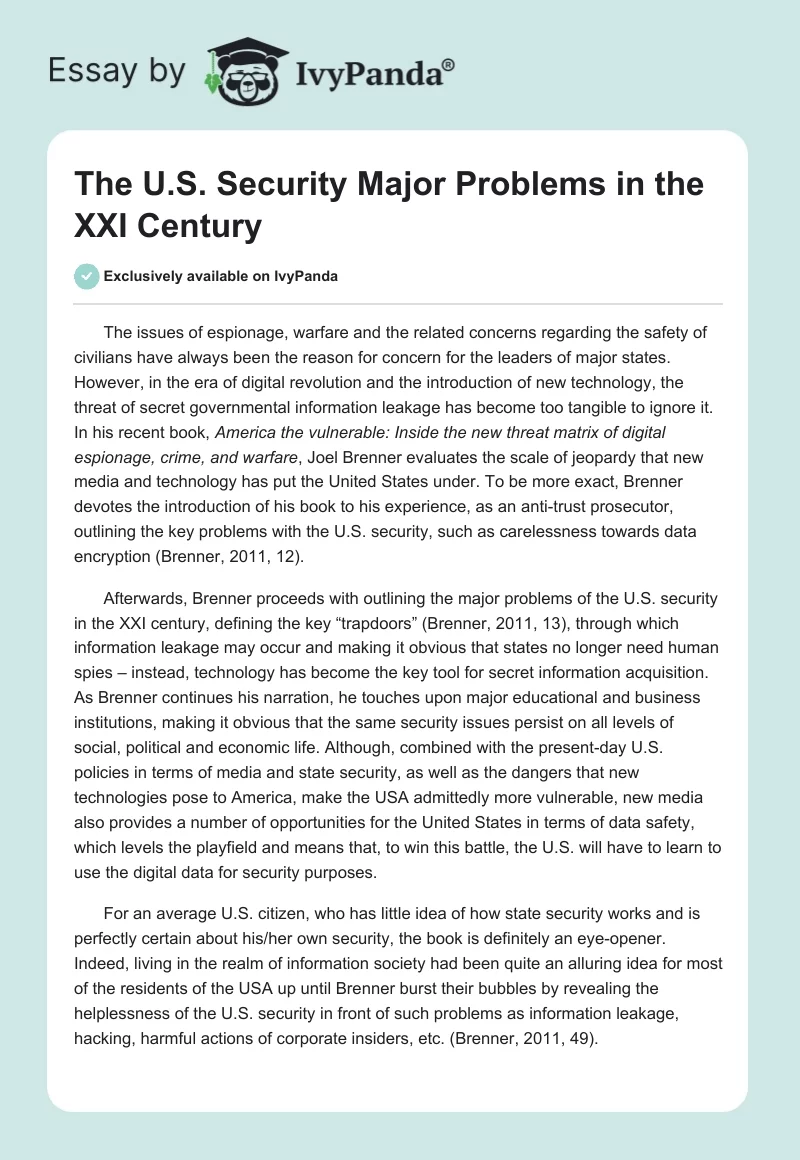 The U.S. Security Major Problems in the XXI Century. Page 1