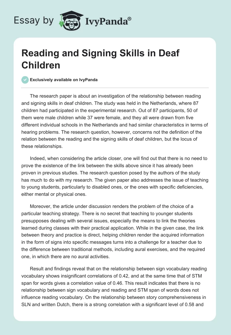 Reading and Signing Skills in Deaf Children. Page 1