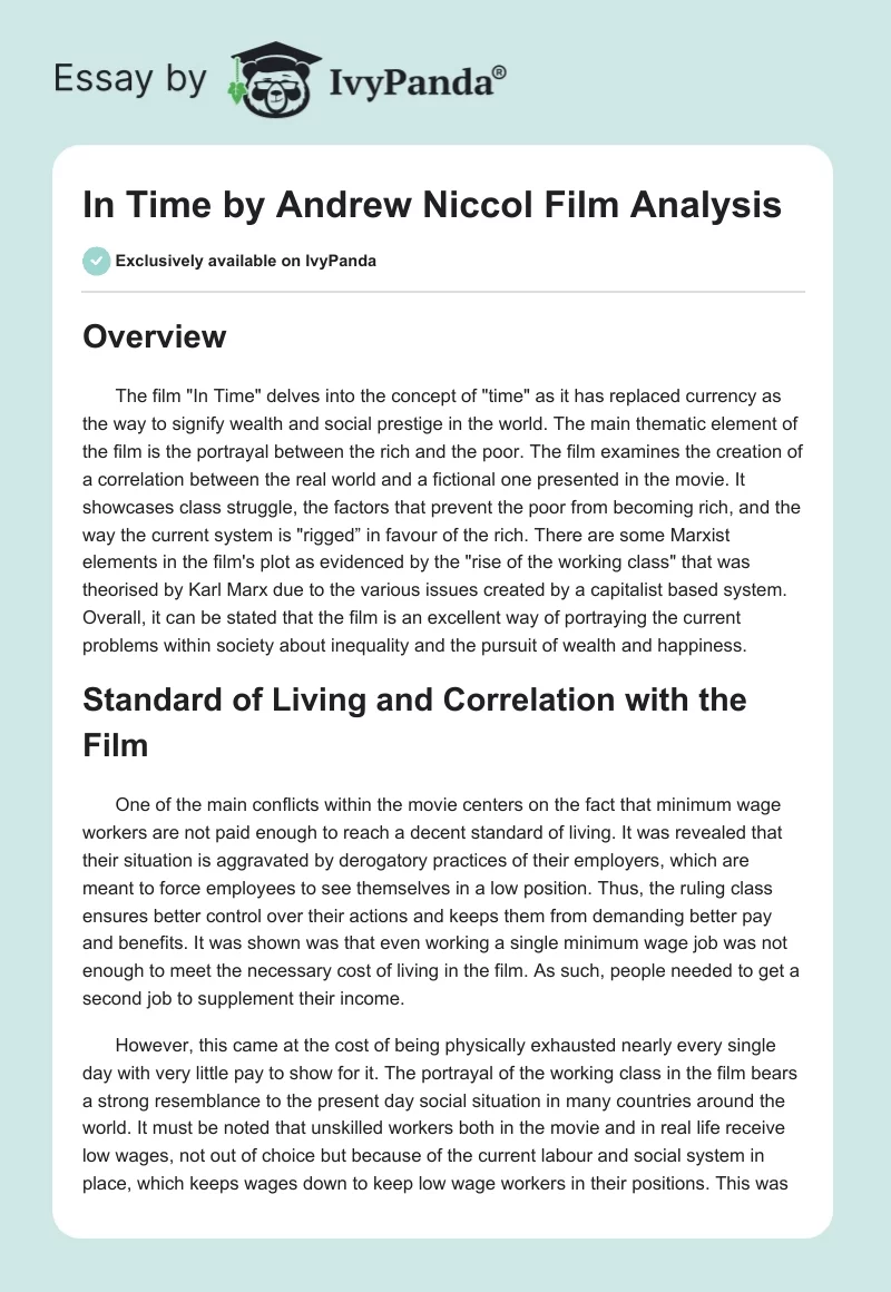 In Time by Andrew Niccol Film Analysis. Page 1