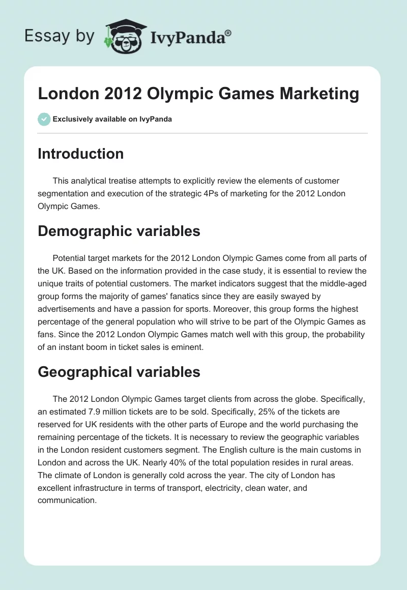 London 2012 Olympic Games Marketing. Page 1