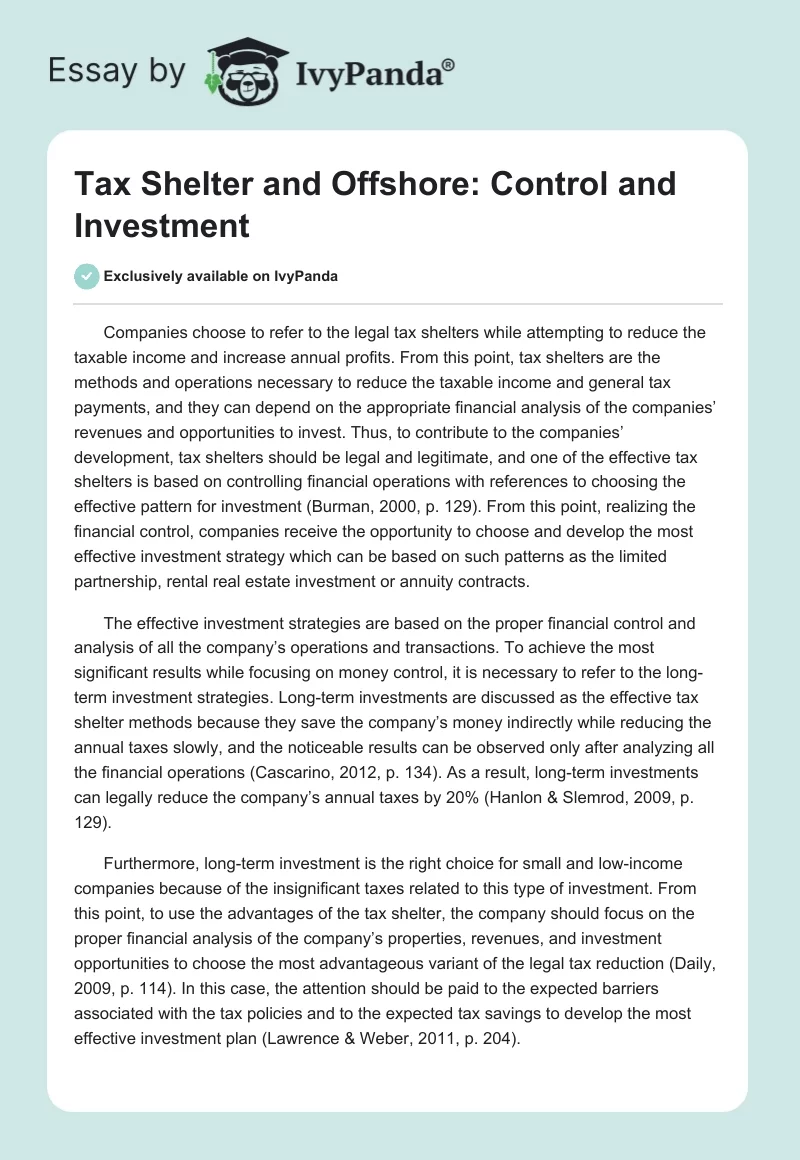 Tax Shelter and Offshore: Control and Investment. Page 1
