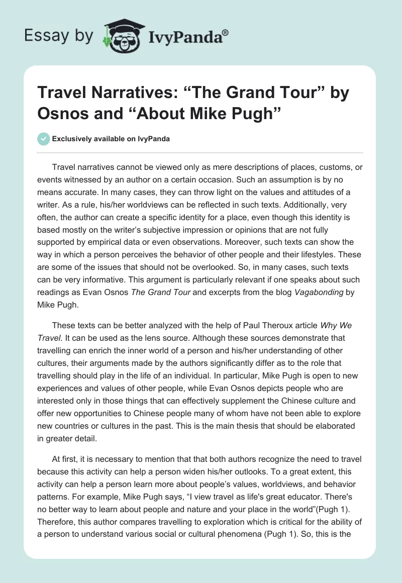 Travel Narratives: “The Grand Tour” by Osnos and “About Mike Pugh”. Page 1