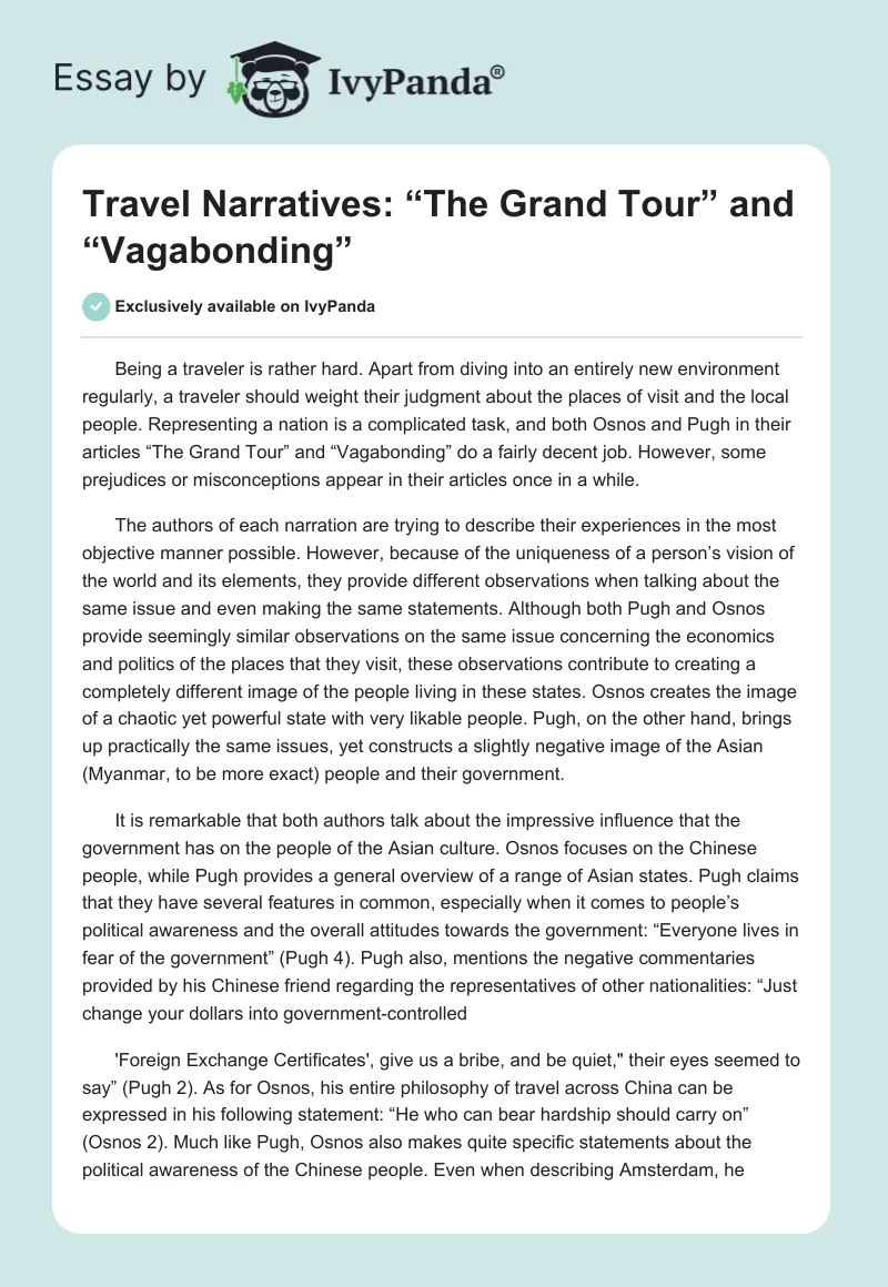 Travel Narratives: “The Grand Tour” and “Vagabonding”. Page 1