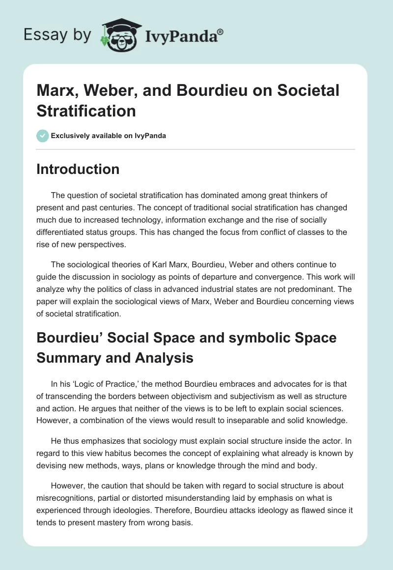 Marx, Weber, and Bourdieu on Societal Stratification. Page 1