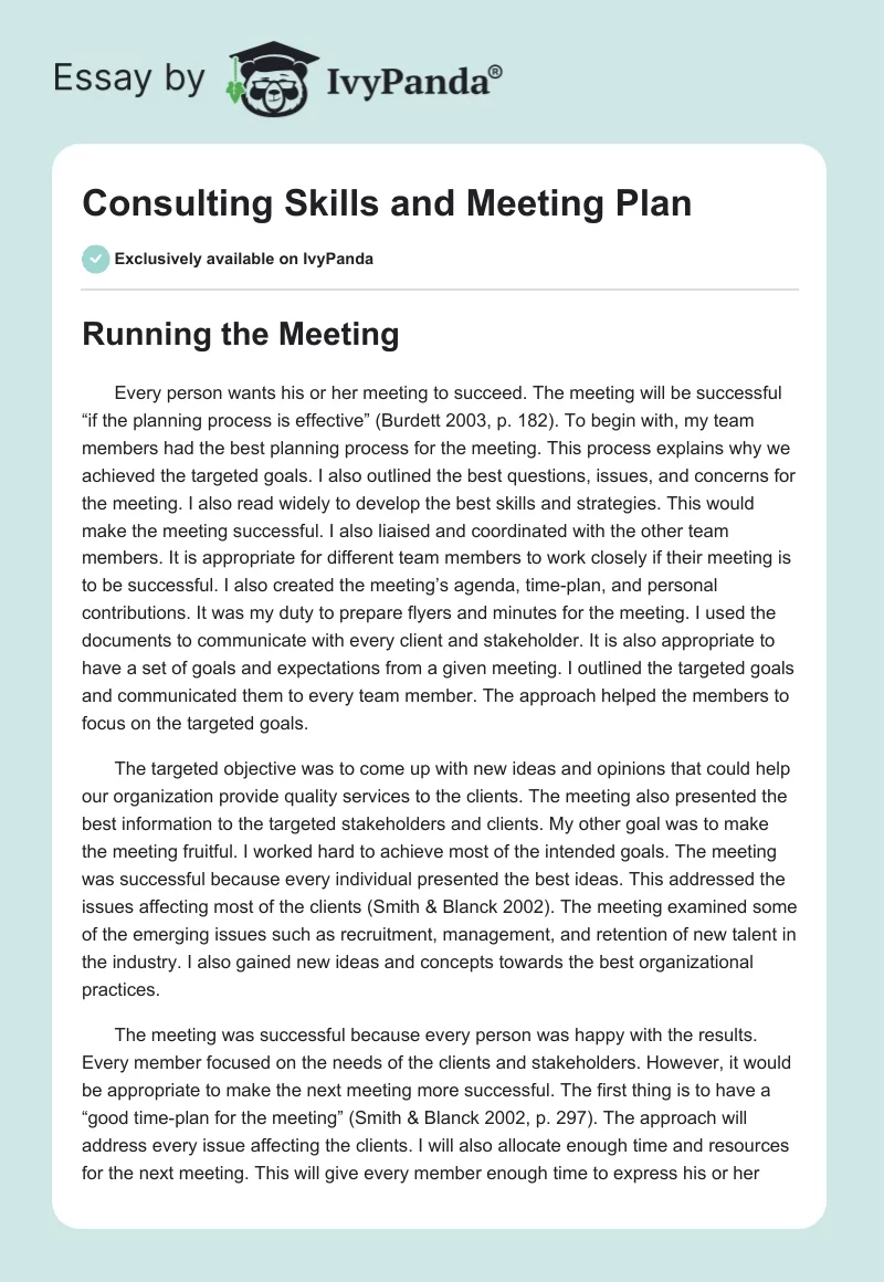 Consulting Skills and Meeting Plan. Page 1