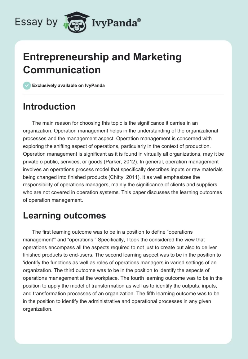 Entrepreneurship and Marketing Communication. Page 1