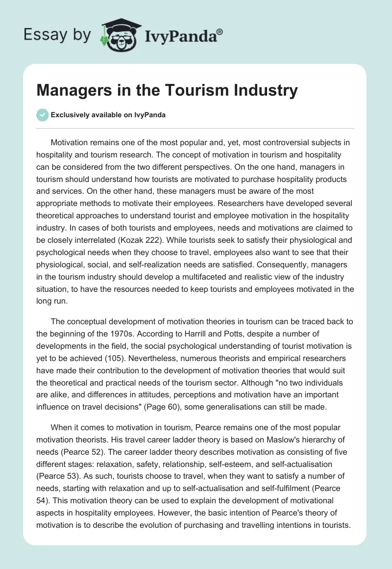 Managers in the Tourism Industry. Page 1