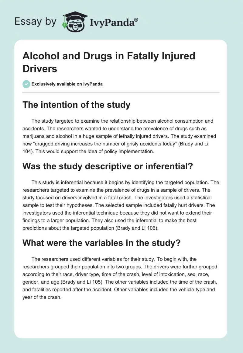 Alcohol and Drugs in Fatally Injured Drivers. Page 1