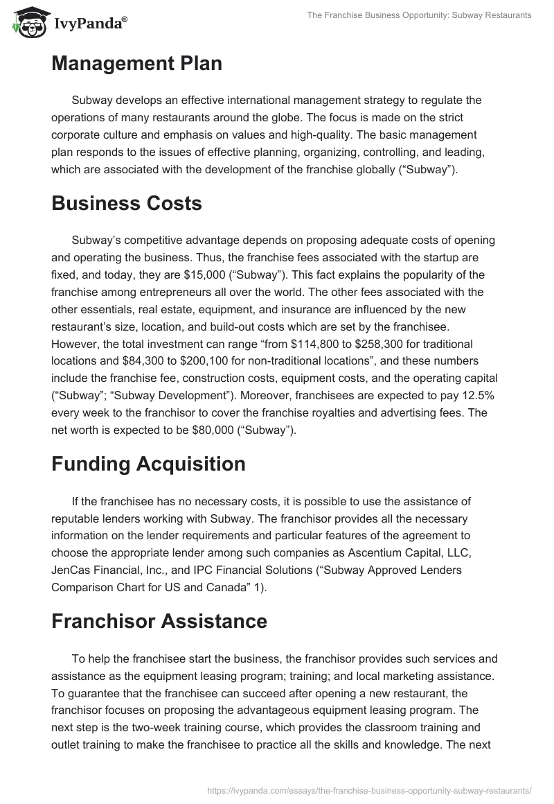 The Franchise Business Opportunity: Subway Restaurants. Page 2
