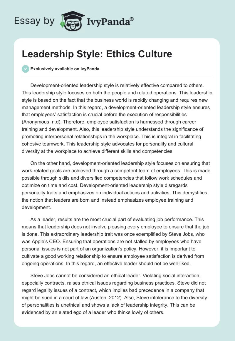 Leadership Style: Ethics Culture. Page 1