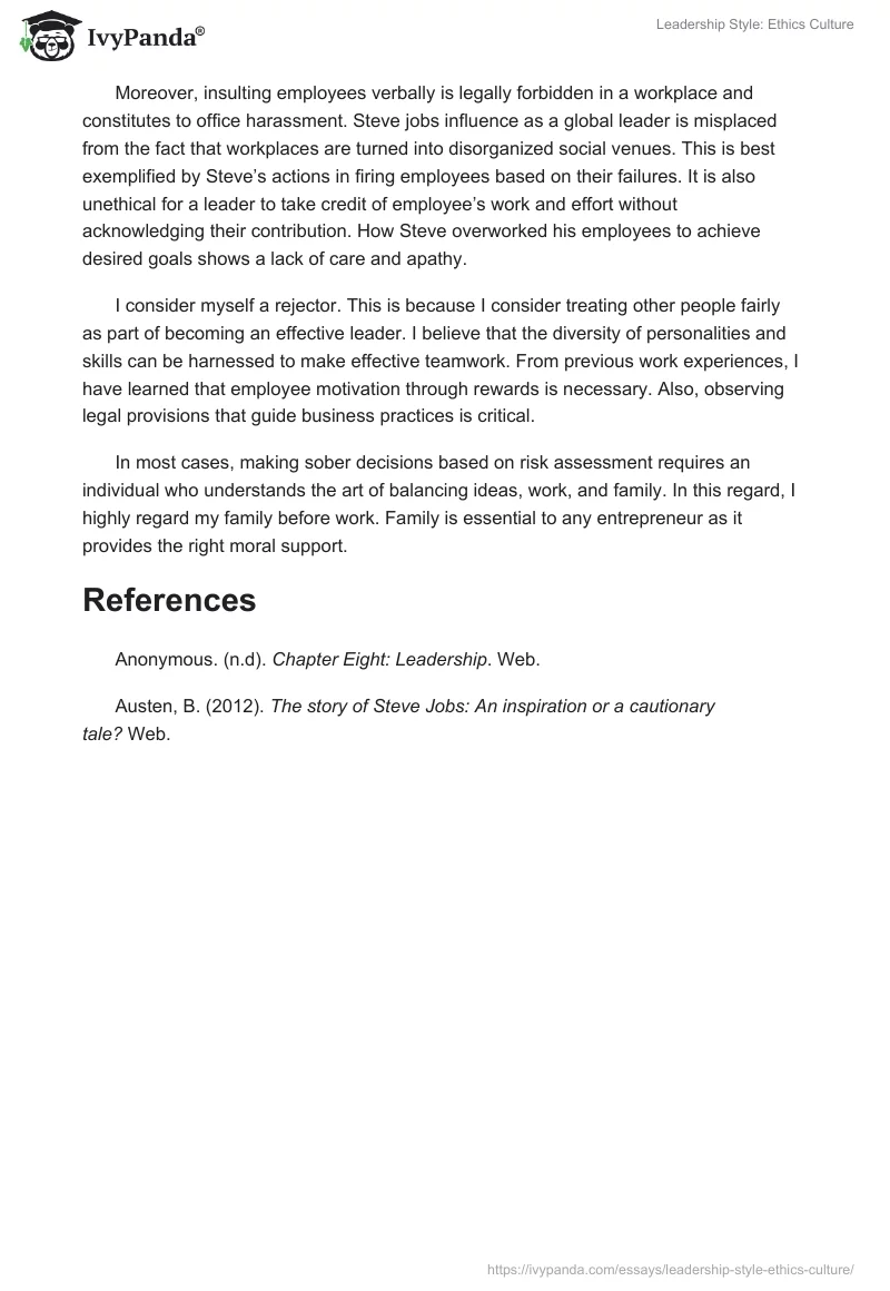 Leadership Style: Ethics Culture. Page 2