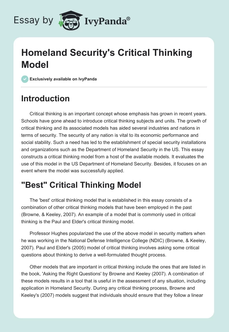 Homeland Security's Critical Thinking Model. Page 1