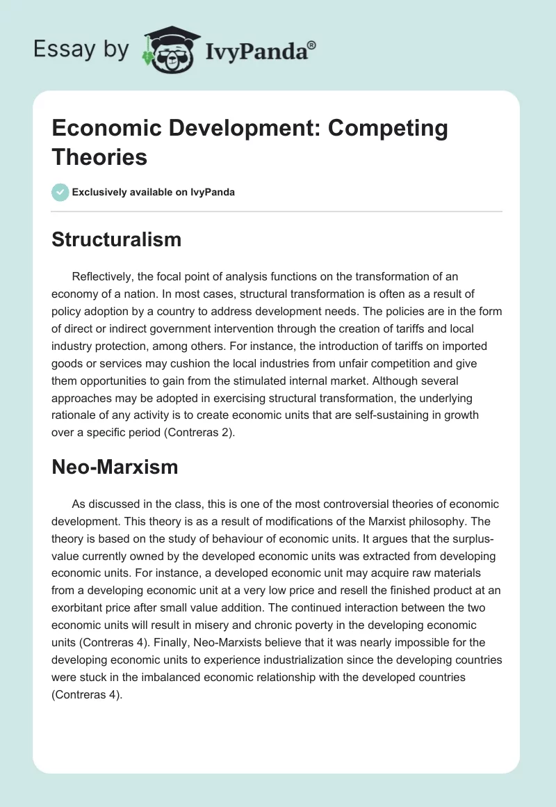 Structuralism, Neo-Marxism, and Neo-Liberalism: Economic Development Theories. Page 1