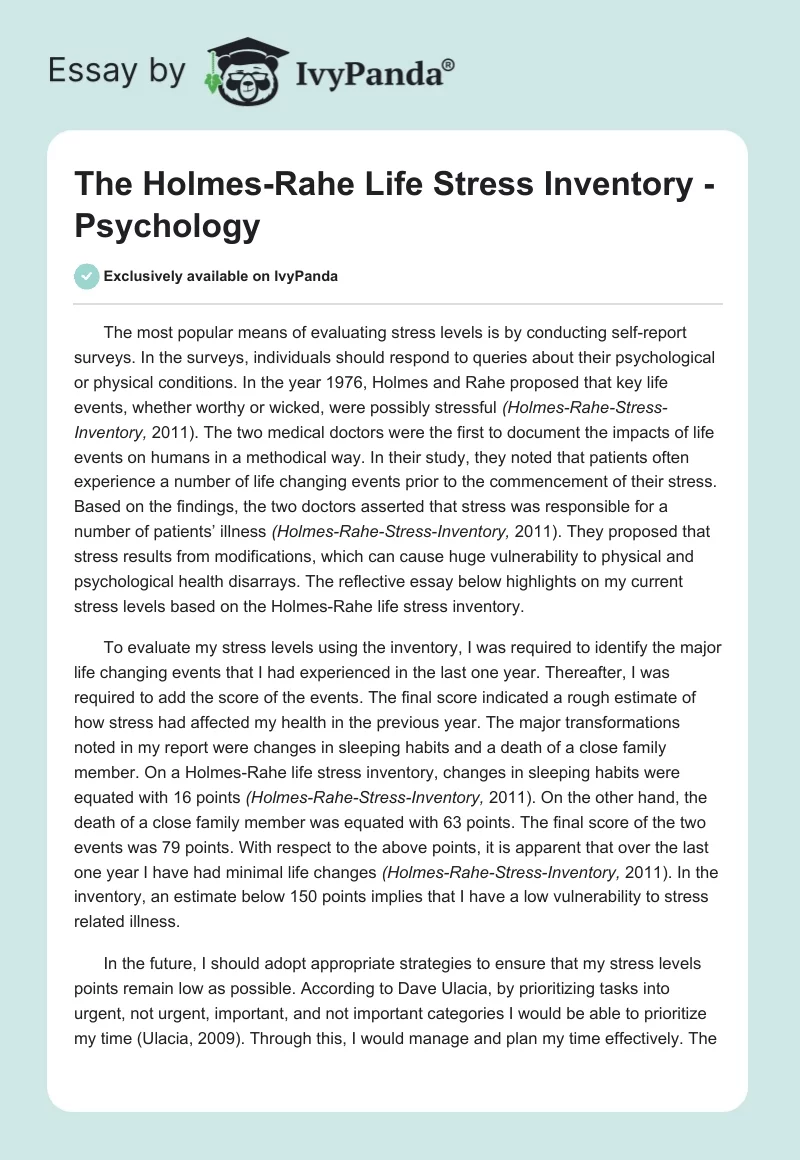 The Holmes-Rahe Life Stress Inventory - Psychology. Page 1