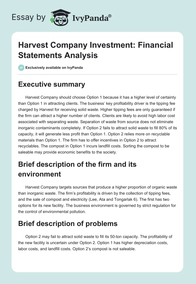 Harvest Company Investment: Financial Statements Analysis. Page 1