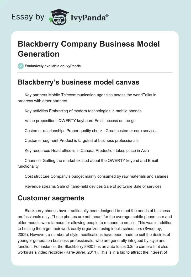 Blackberry Company Business Model Generation. Page 1