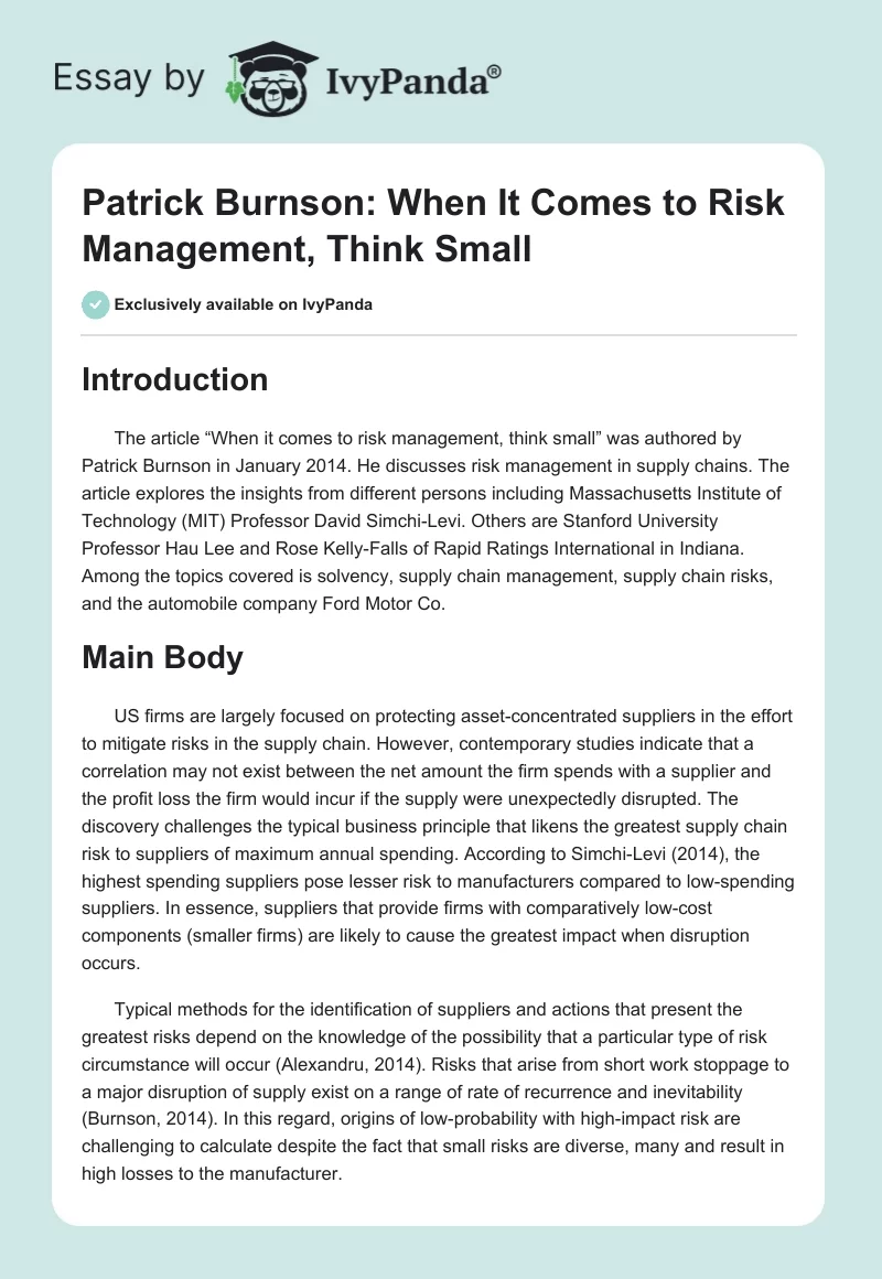 Patrick Burnson: When It Comes to Risk Management, Think Small. Page 1