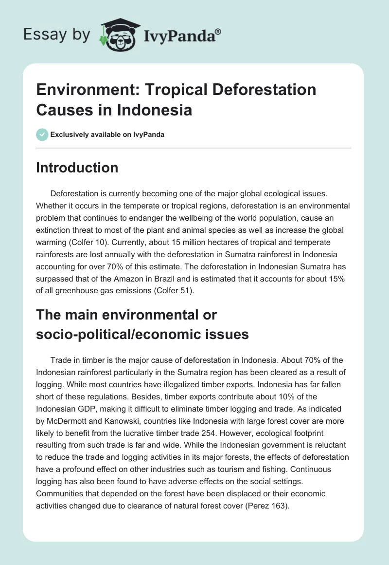 Environment: Tropical Deforestation Causes in Indonesia. Page 1