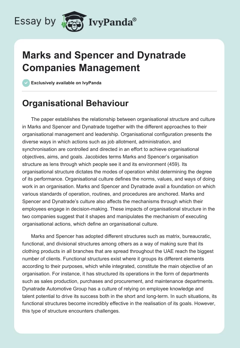 Marks and Spencer and Dynatrade Companies Management. Page 1