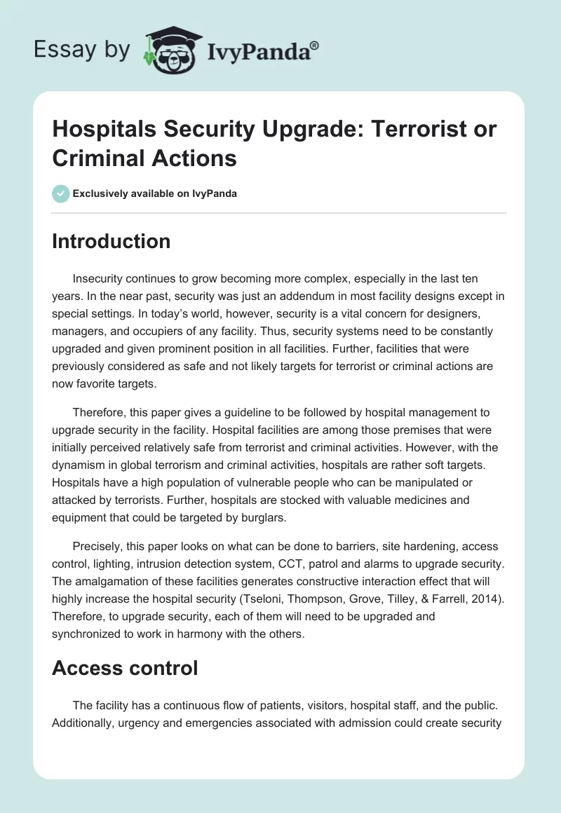 Hospitals Security Upgrade: Terrorist or Criminal Actions. Page 1