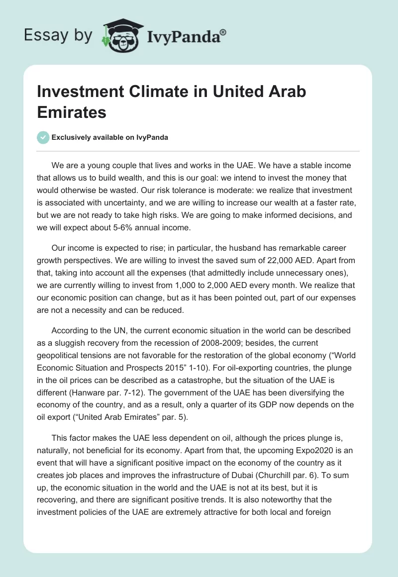 Investment Climate in United Arab Emirates. Page 1