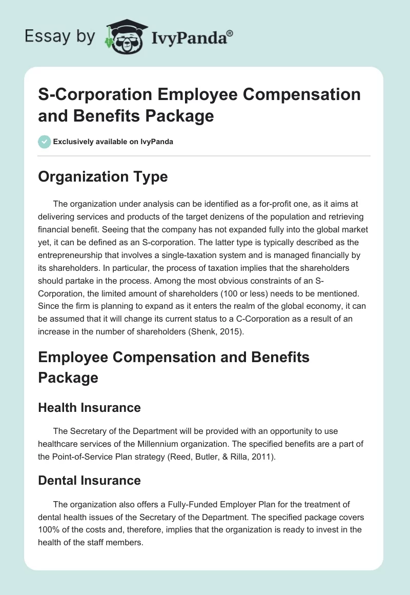 S-Corporation Employee Compensation and Benefits Package. Page 1