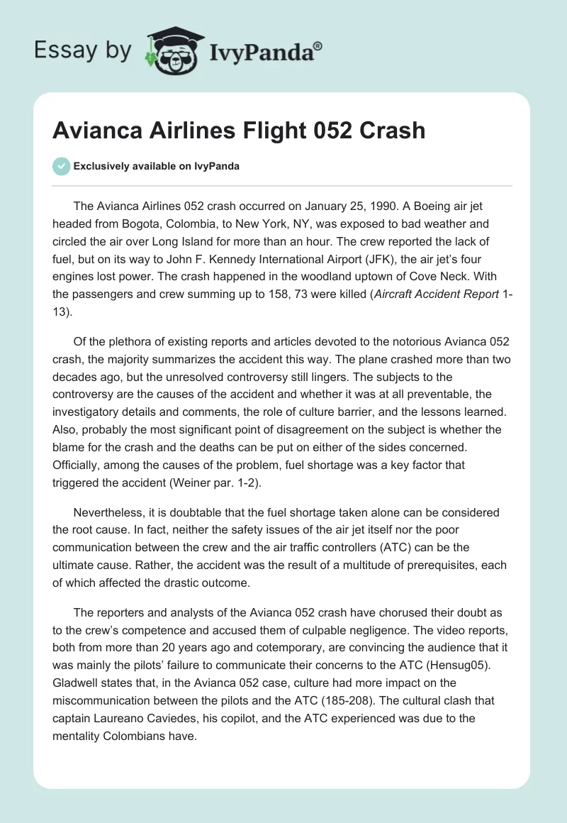 Avianca Airlines Flight 052 Crash. Page 1