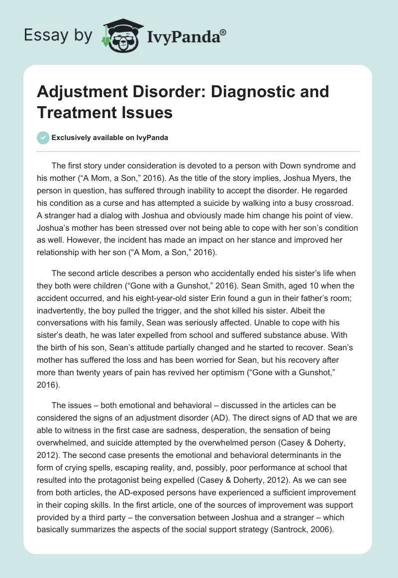 Adjustment Disorder: Diagnostic and Treatment Issues. Page 1