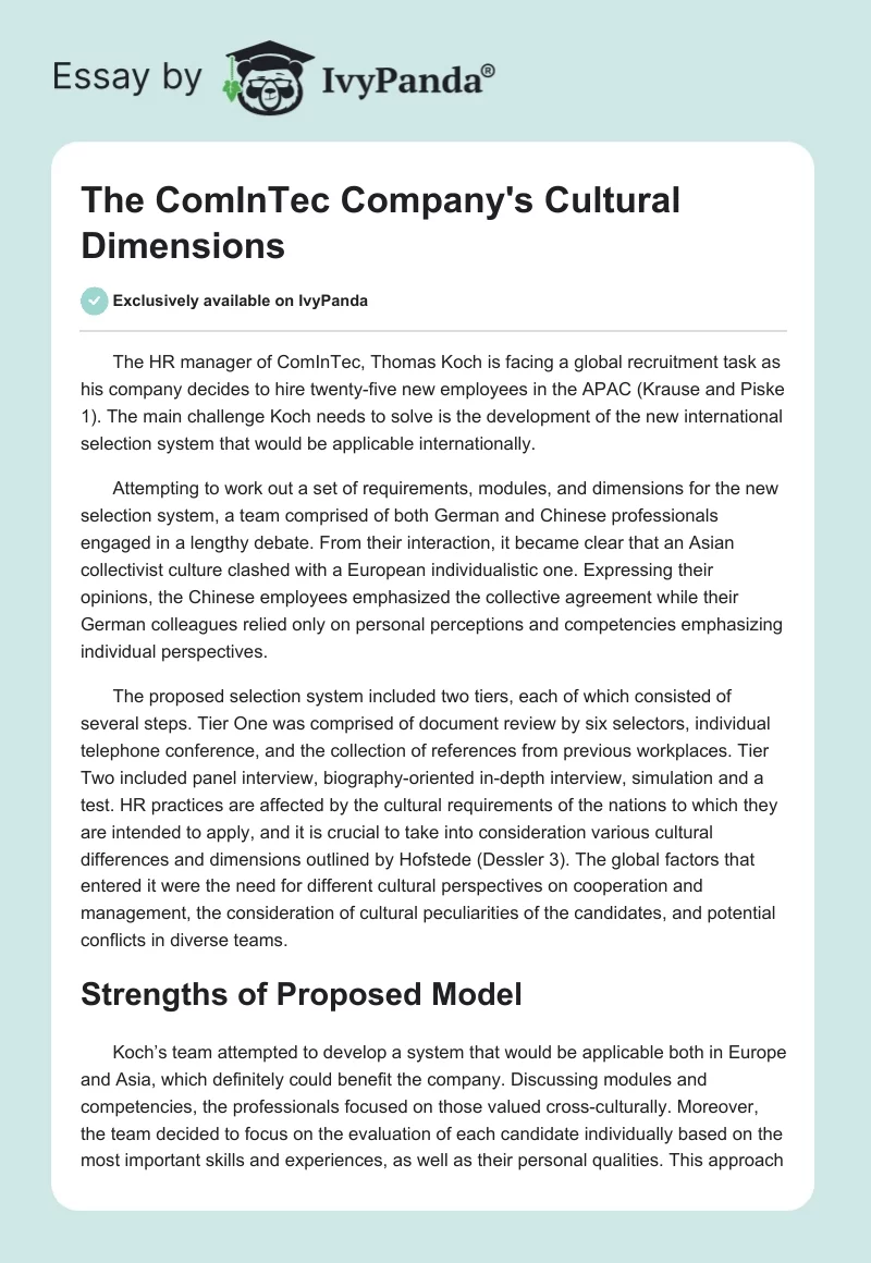 The ComInTec Company's Cultural Dimensions. Page 1