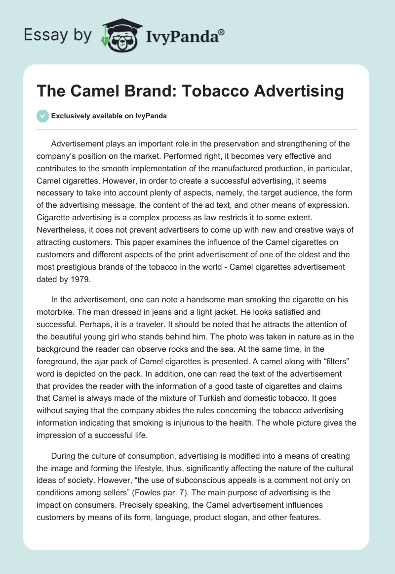 The Camel Brand: Tobacco Advertising. Page 1