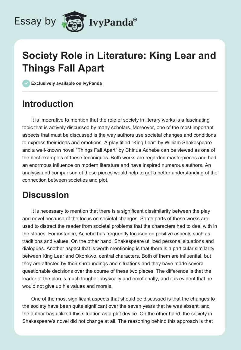 Society Role in Literature: King Lear and Things Fall Apart. Page 1