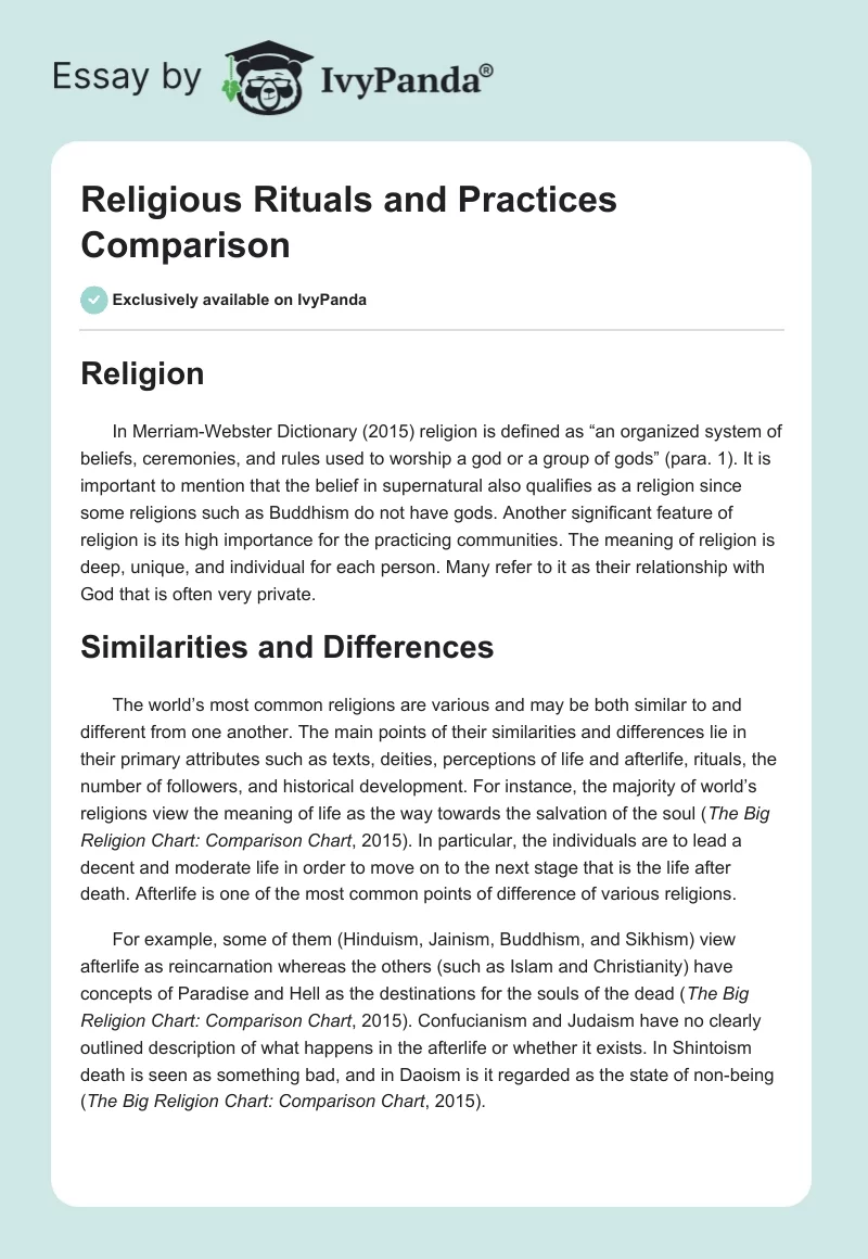 Religious Rituals and Practices Comparison. Page 1