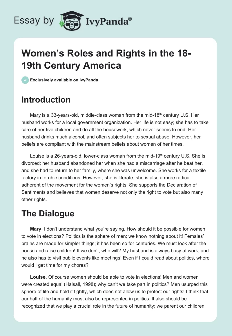 Women’s Roles and Rights in the 18-19th Century America. Page 1