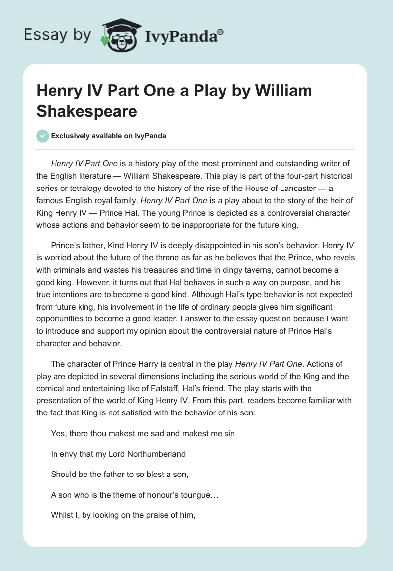 "Henry IV Part One" a Play by William Shakespeare. Page 1