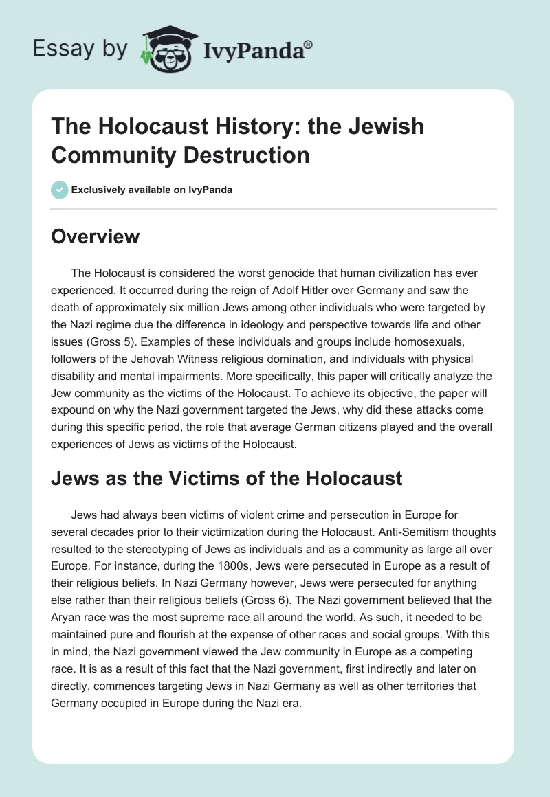 The Holocaust History: the Jewish Community Destruction. Page 1